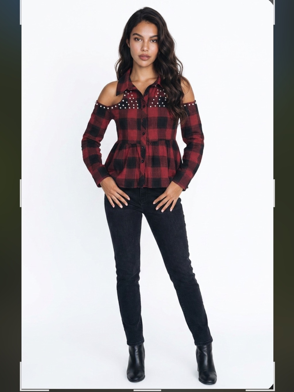 NWOT Boohoo Red & Black plaid Checkered Cold Shoulder Pearl Embellished Top
